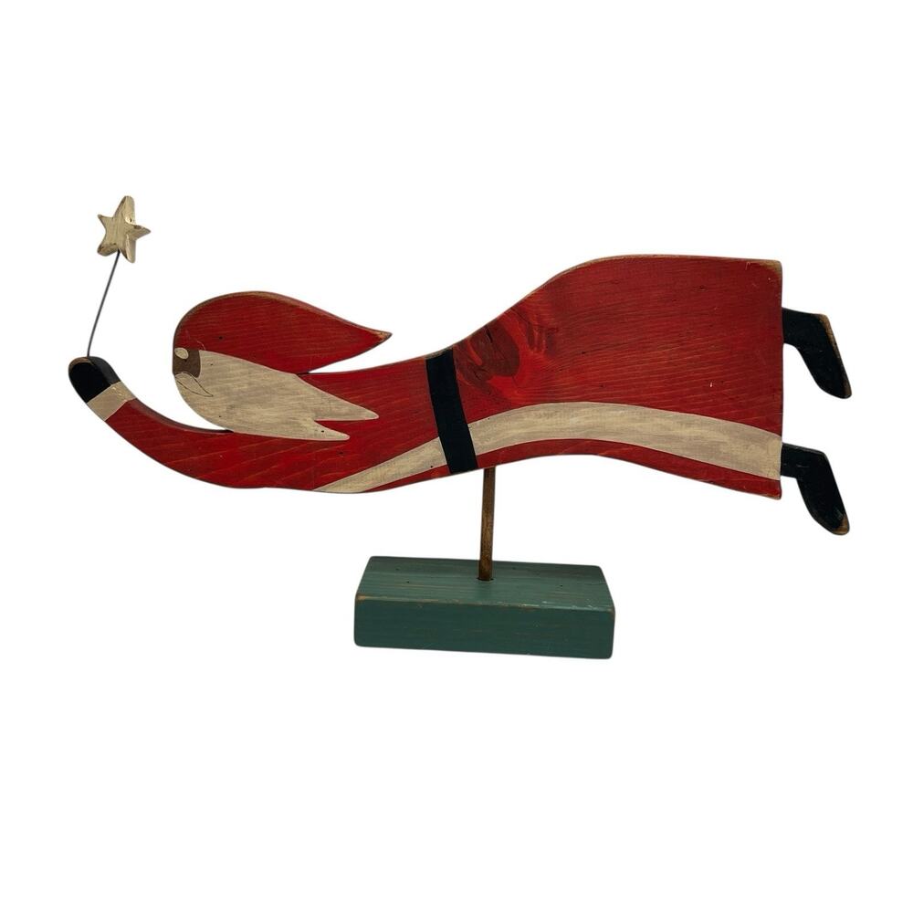 Whimsical Flying Santa Wooden Rustic Christmas Decor Artisan Signed Weather Vane